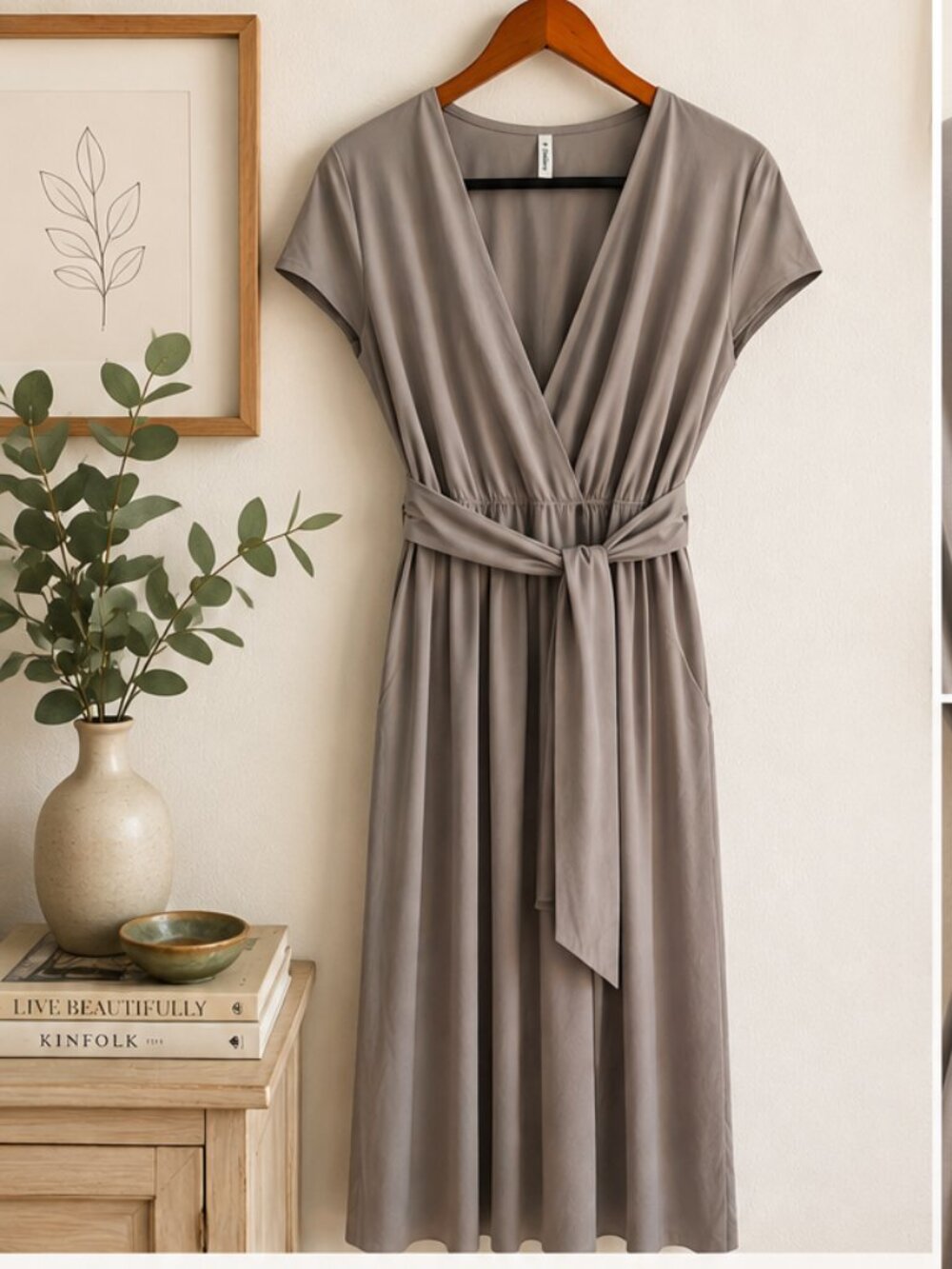 Halara Gray Wrap Maxi Dress Tie Waist Pockets Size XL